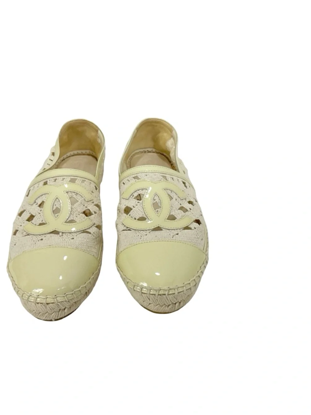 CHANEL Cream Crochet Espadrilles with Pale Yellow Patent Trim Size 40 - Picture 3 of 13